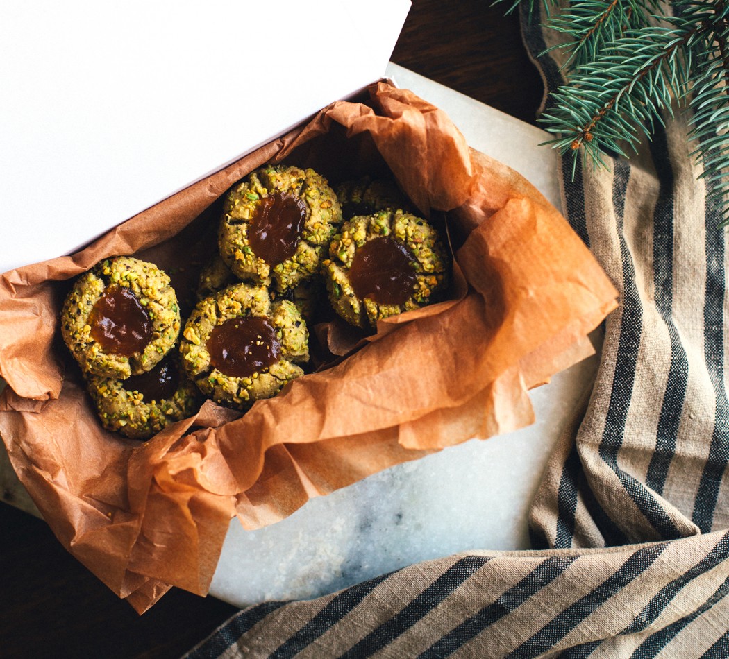 Pistachio Thumbprint Cookies with Apricot-Rose Jam