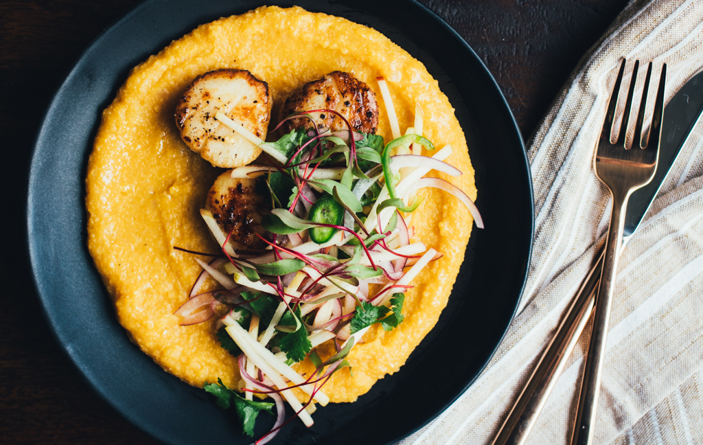 Seared Scallops with Smoky Squash Polenta and Apple Jalapeño Slaw