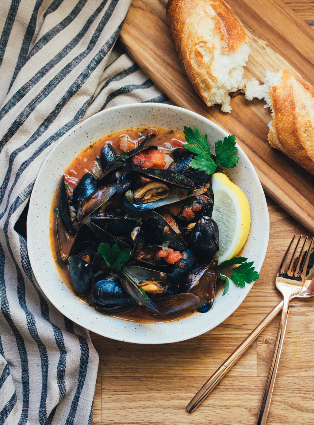 Mussels in a Tomato Wine Sauce with Capers