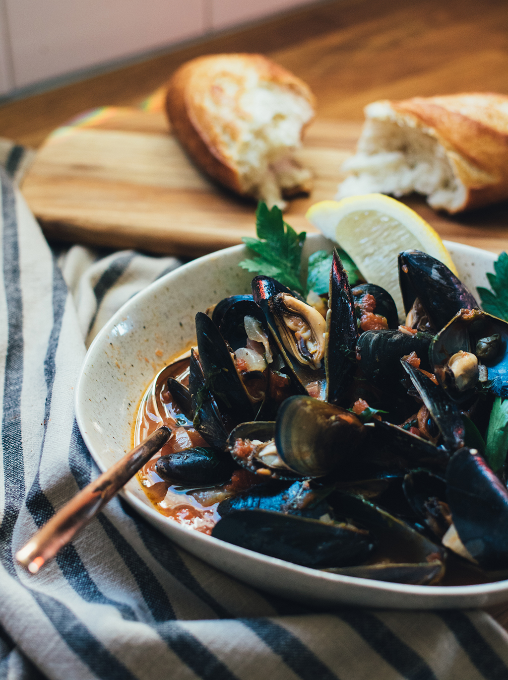 Mussels in a Tomato Wine Sauce with Capers