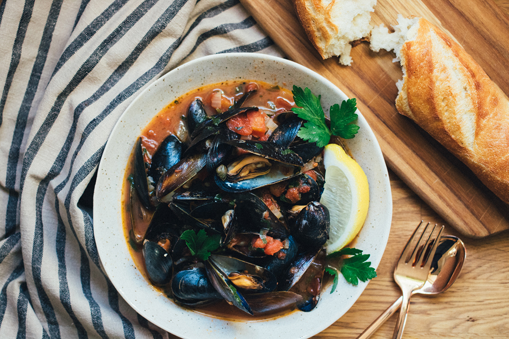 Mussels in a Tomato Wine Sauce with Capers