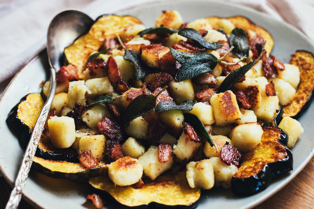 Pan-fried Gnocchi with Roasted Squash, Bacon, and Sage