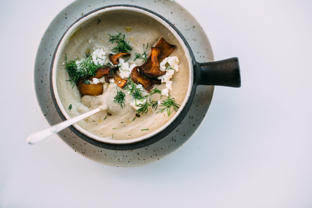 Caramelized Shallot and Mushroom Soup with Chèvre