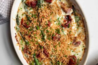 Asparagus au Gratin with Prosciutto in a oval baking dish.
