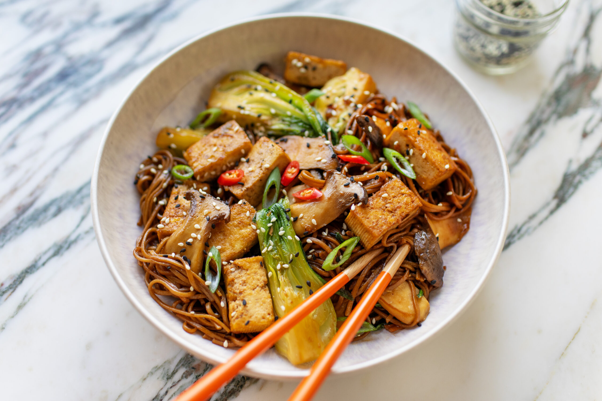 Spicy Soba Noodles with Crispy Tofu & Bok Choy